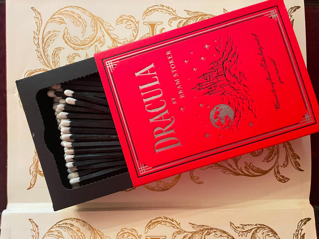 Dracula matchbox open, showing extra-long matches