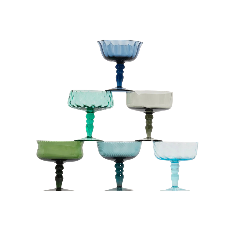 Set of 6 Textured Champagne Coupes, Blue/Green